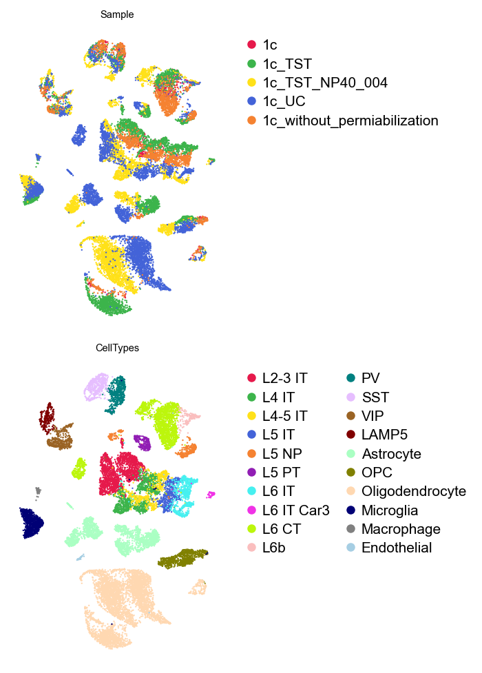 PCA-based UMAP, coloured by batch and by cell type