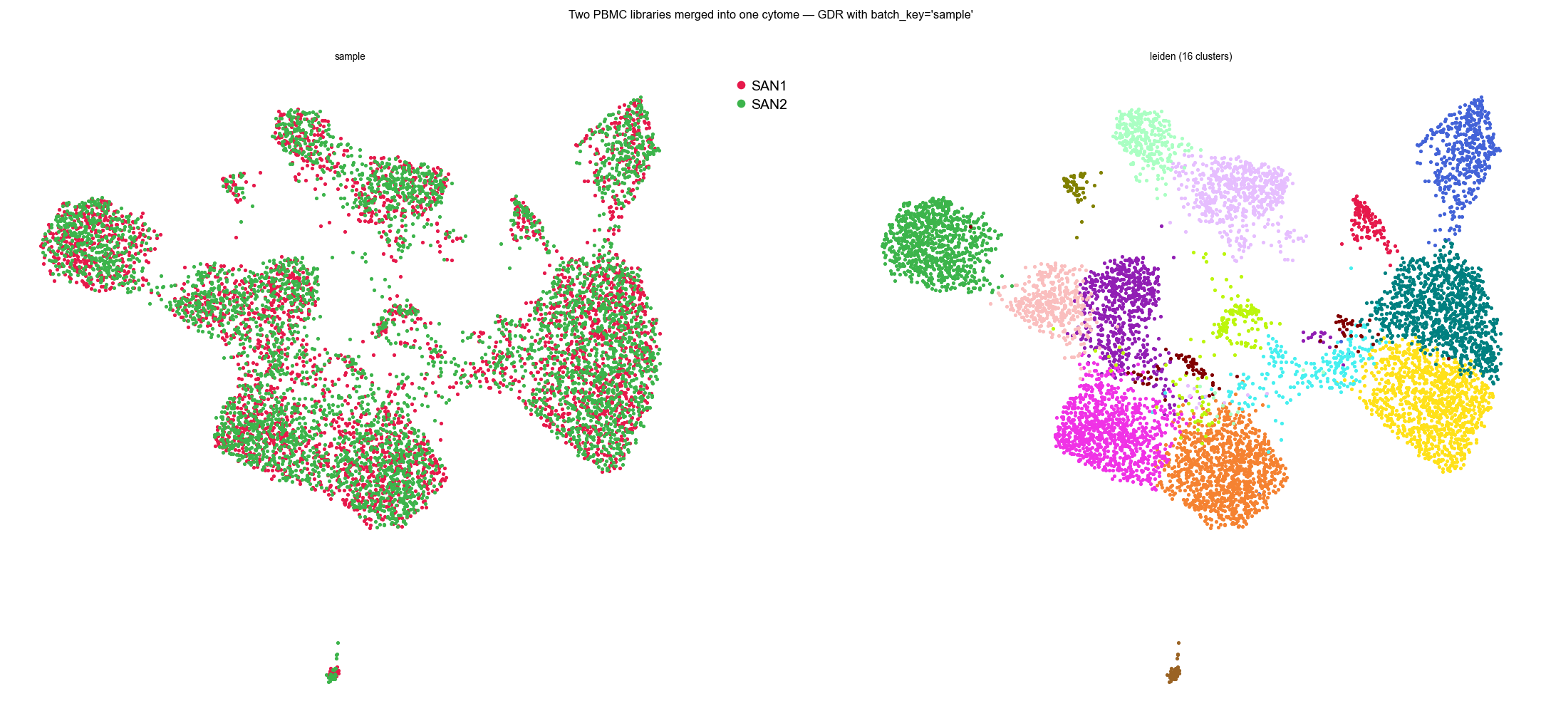 Two libraries merged, coloured by sample and by cluster