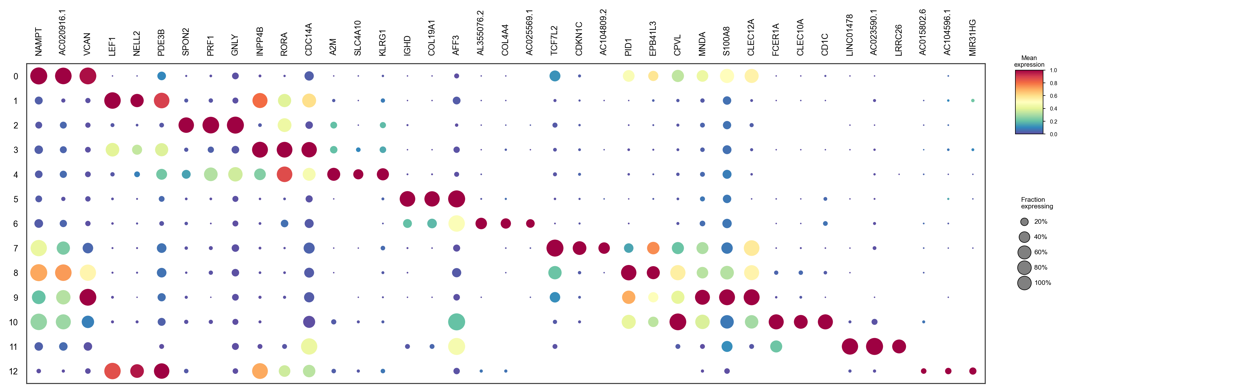 Top markers per cluster
